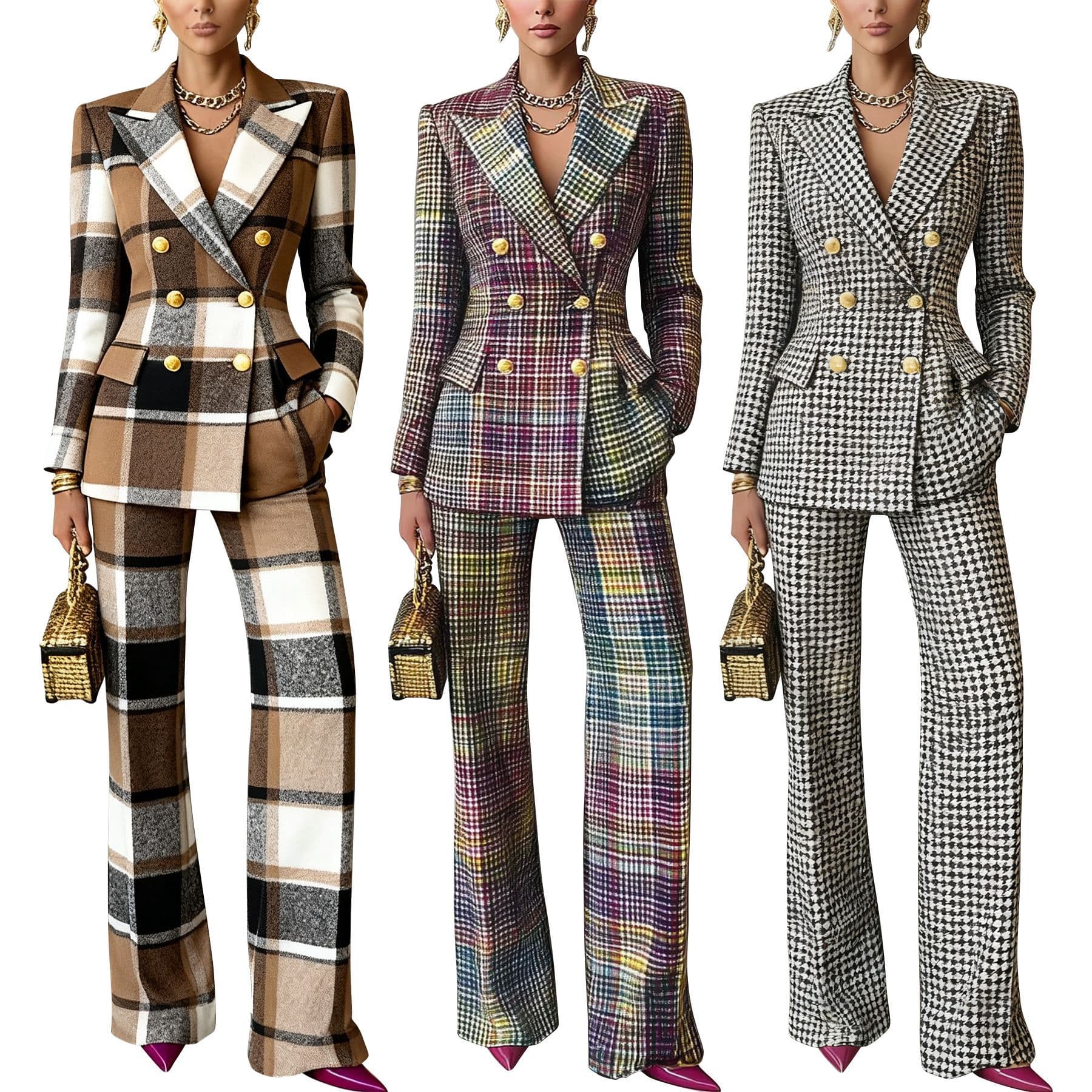 Women's Clothing Chic Checkered Pantsuit For Women – Office-Ready Blazer & Trousers Set With Slim Fit & Stretch Polyester (Pink-Blue Mix, S-XXL)​