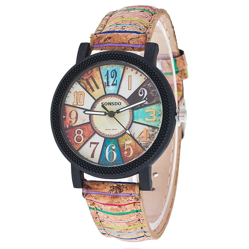Wood grain turntable ladies watch vintage stripe pattern leather watch casual fashion watch