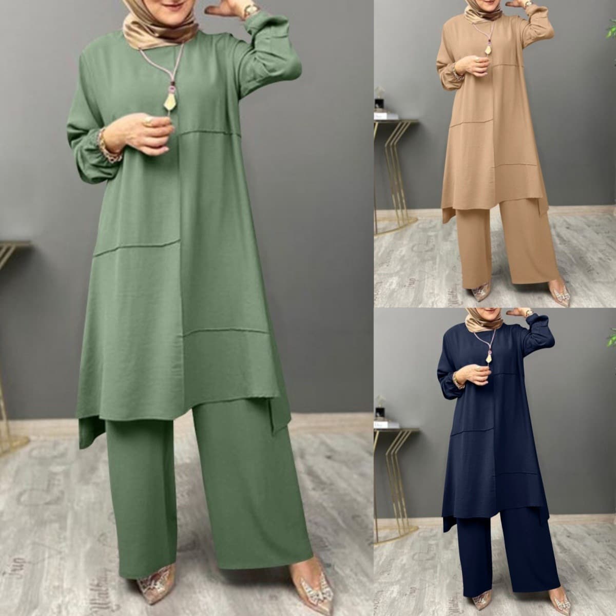 Women's Clothing Muslim Women's Urban Sportswear Two Piece Suit Elegant Long Sleeved Shirt Loose Fashion Wide Leg Pants Suit