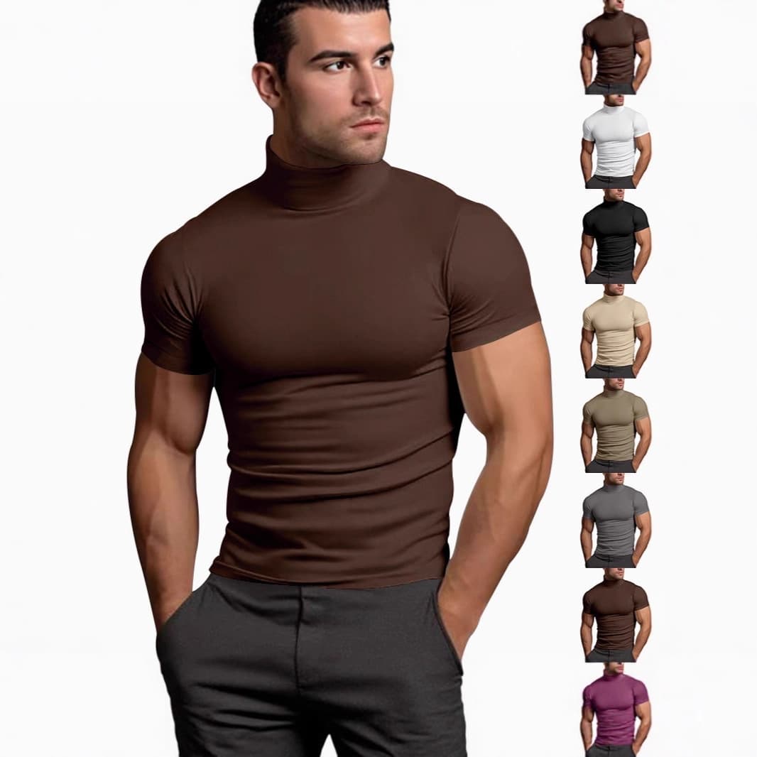 Men's High Neck Compression Shirt Sports Fitness Short Sleeve Basketball Running Elastic Breathable Track Field T-Shirt