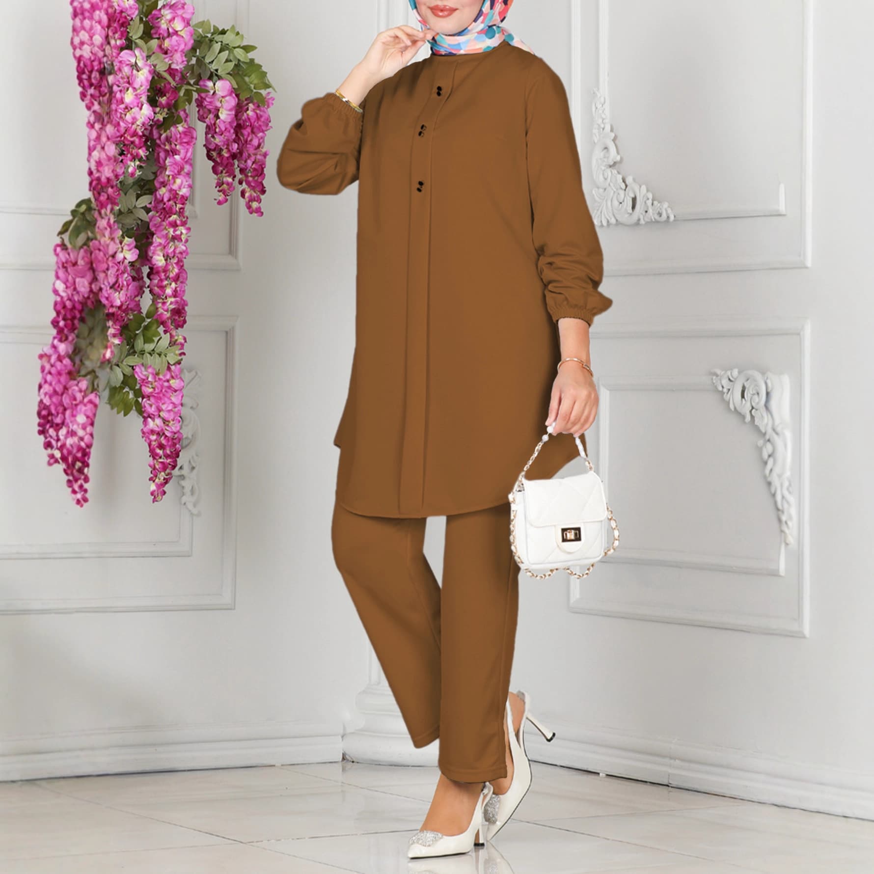 Modest Set Modest Muslim Women’s Outfit – Long Sleeve High Neck Tunic & Straight Leg Pants Set (Loose Fit, Prayer-Friendly)