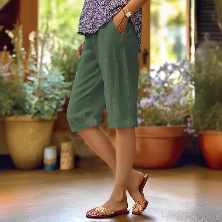 Women's new casual loose pocket cotton and linen elastic casual pants