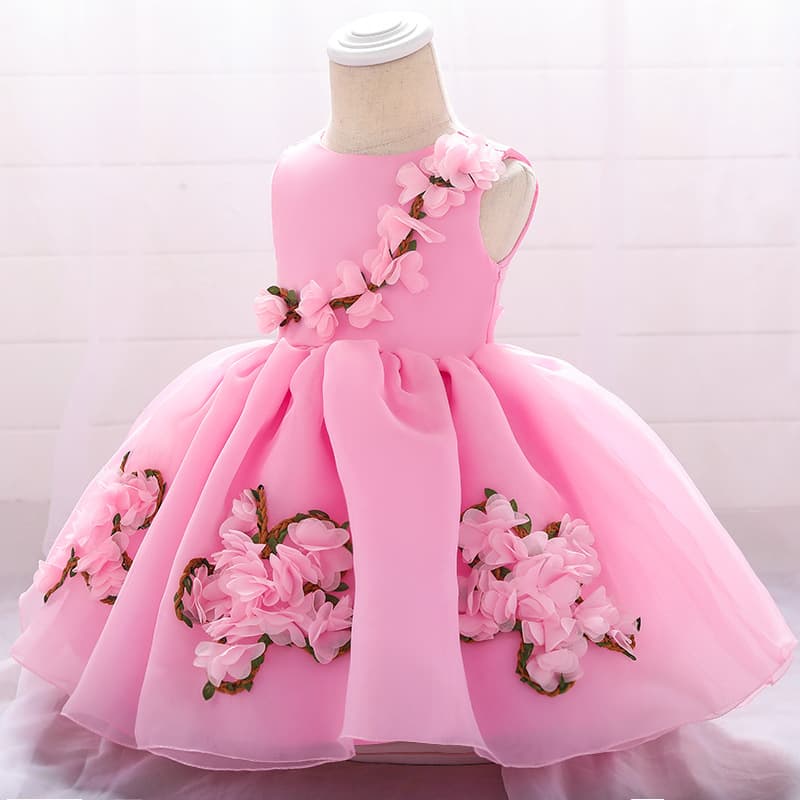 Baby Girl Organza Dress - Fluffy Princess Gown With Handmade Flowers | Adjustable Flower Girl Outfit