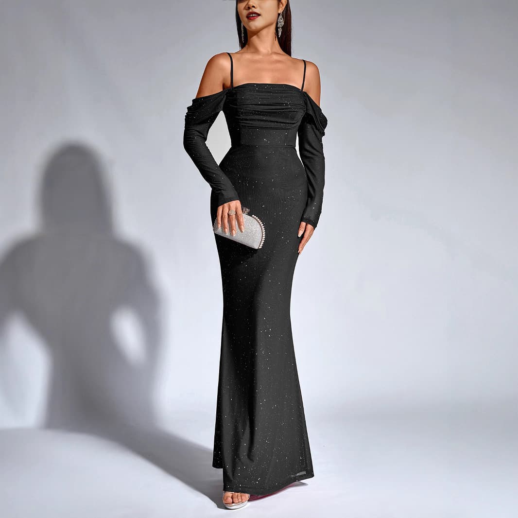 Elegant Off-Shoulder Mesh Evening Gown With Powder Sprinkled Design, Slim Fit Party Dress For Women, Chic Autumn/Winter Formal Wear