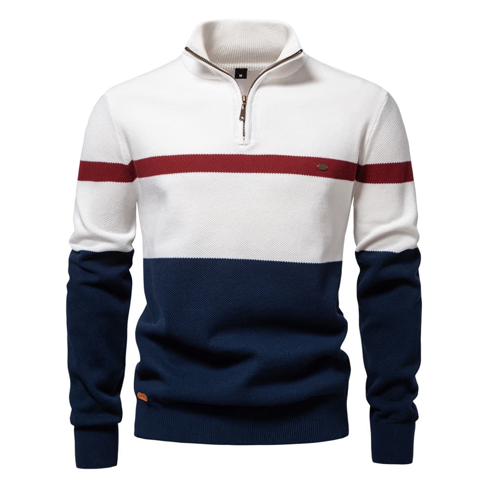 Stand-up Collar Men's Sweater Half Zipper Color Matching Knitted Sweater Quality Men's Clothing