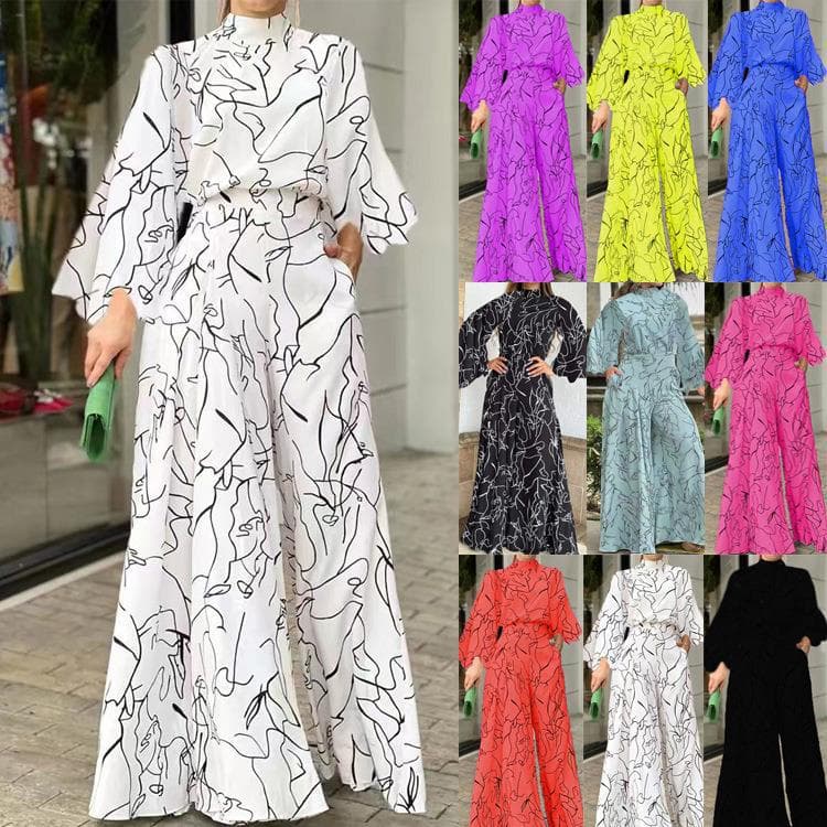 Women's Elegant Waist Belted Long Sleeve Halter Neck Pants Printed Jumpsuit