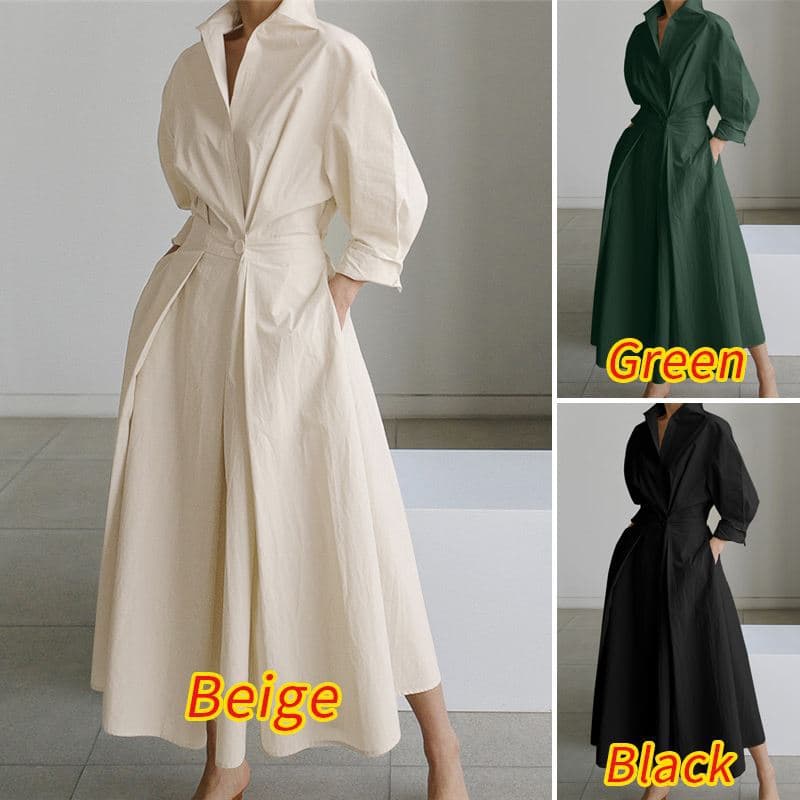 Elegant Shirt Dress Solid Color Long Sleeve Female Casual High Waist Robe