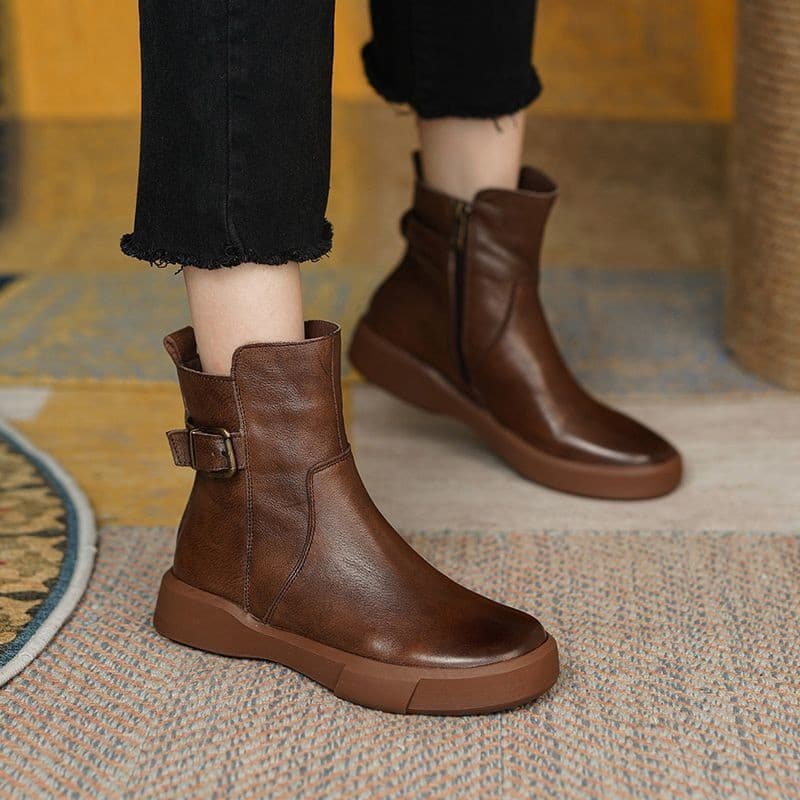 Plus Size Autumn Winter New Buckle Short Round Toe Flat Casual Martin Women's Ankle Boots