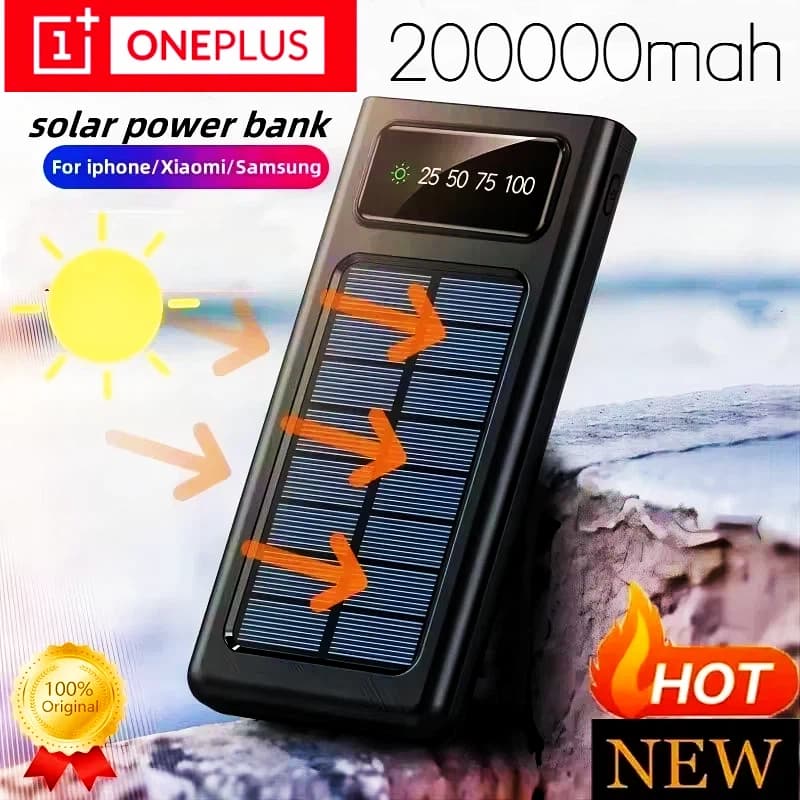 Oneplus 200000mAh Solar Power Bank 3C Certification 4 Line Big Capacity LEDLight Portable Charger Fast Charging External Battery