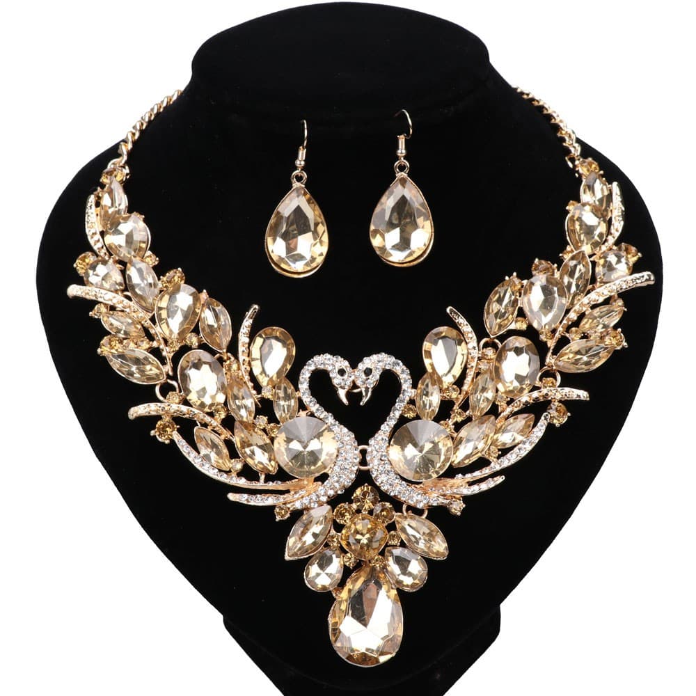 Golden Champagne Crystal New Double Swan Statement Necklace Earring For Women Party Wedding Jewelry Set