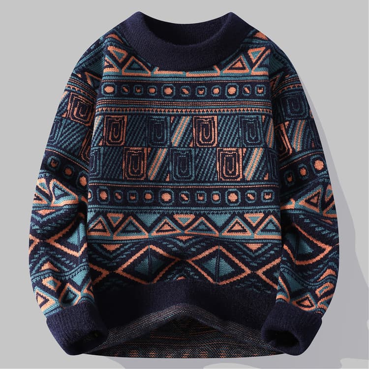 Men's Clothing Winter Fashion Knit Sweater Semi-Turtleneck Pullover With Jacquard Pattern, Breathable & Machine Washable, White/Navy/Green (M-3XL)​