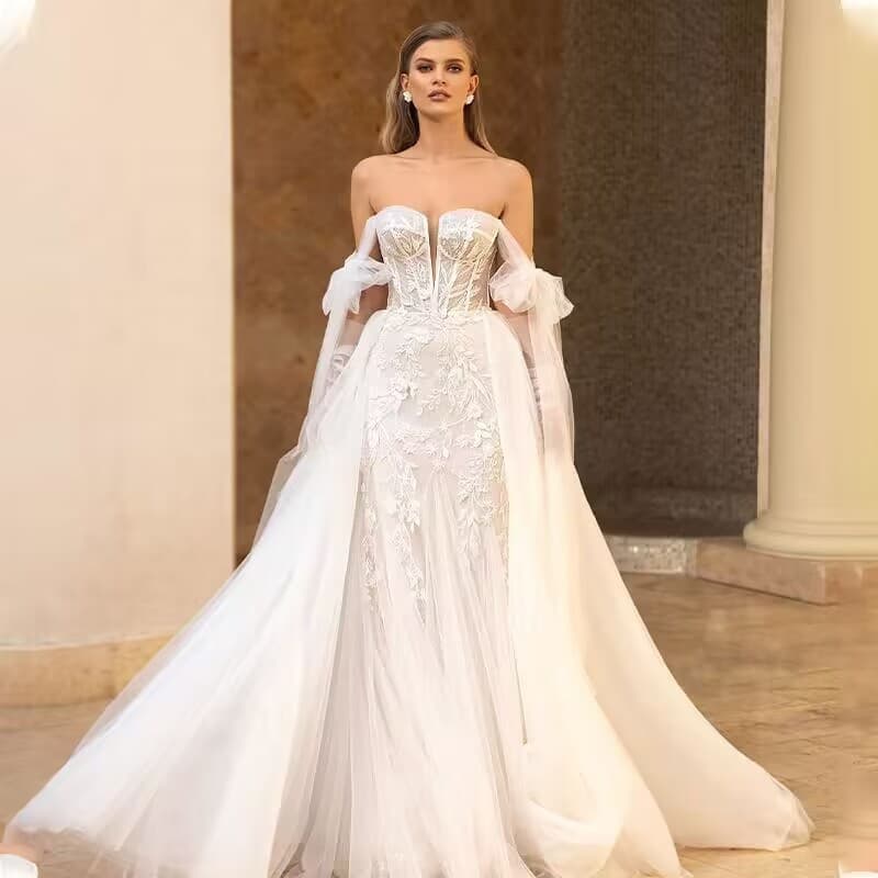 Foreign trade wedding dress 2025new one shoulder foreign trade wedding dress with large skirt and detachable lace tail foreign trade wedding dress