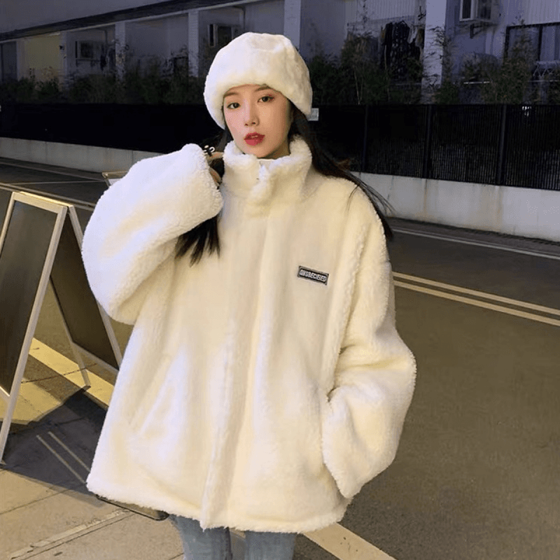 Warm Vertical Collar Lamb Wool Let Cotton-padded Jacket, Thick Korean Style Sweatshirt For Women, 2023 Autumn And