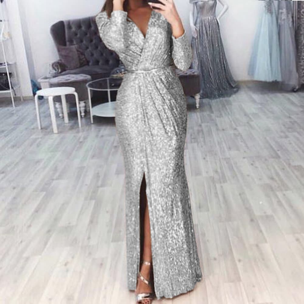 Women's long skirt evening gown deep V-neck sparkly dress dress sexy dress for dinner