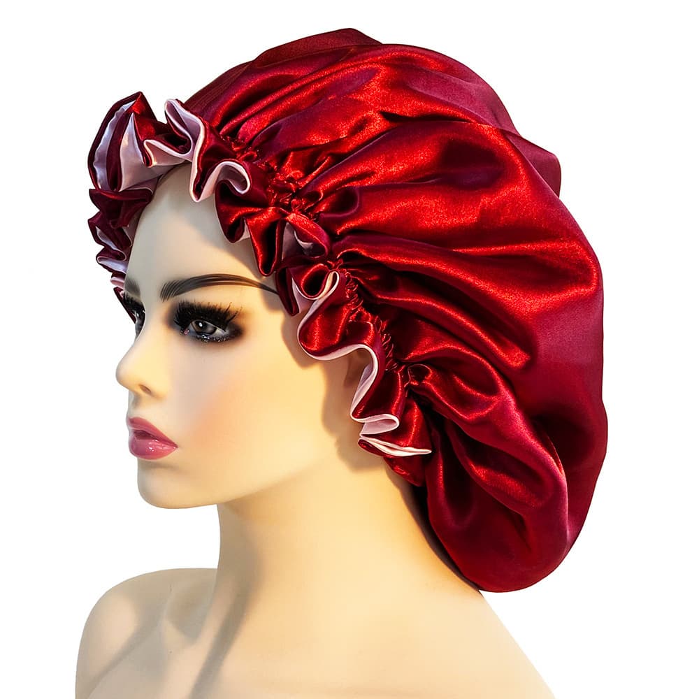 Double layer satin nightcap with cuffs and earrings, shower cap with lace, home hat, large size, ladies princess hat