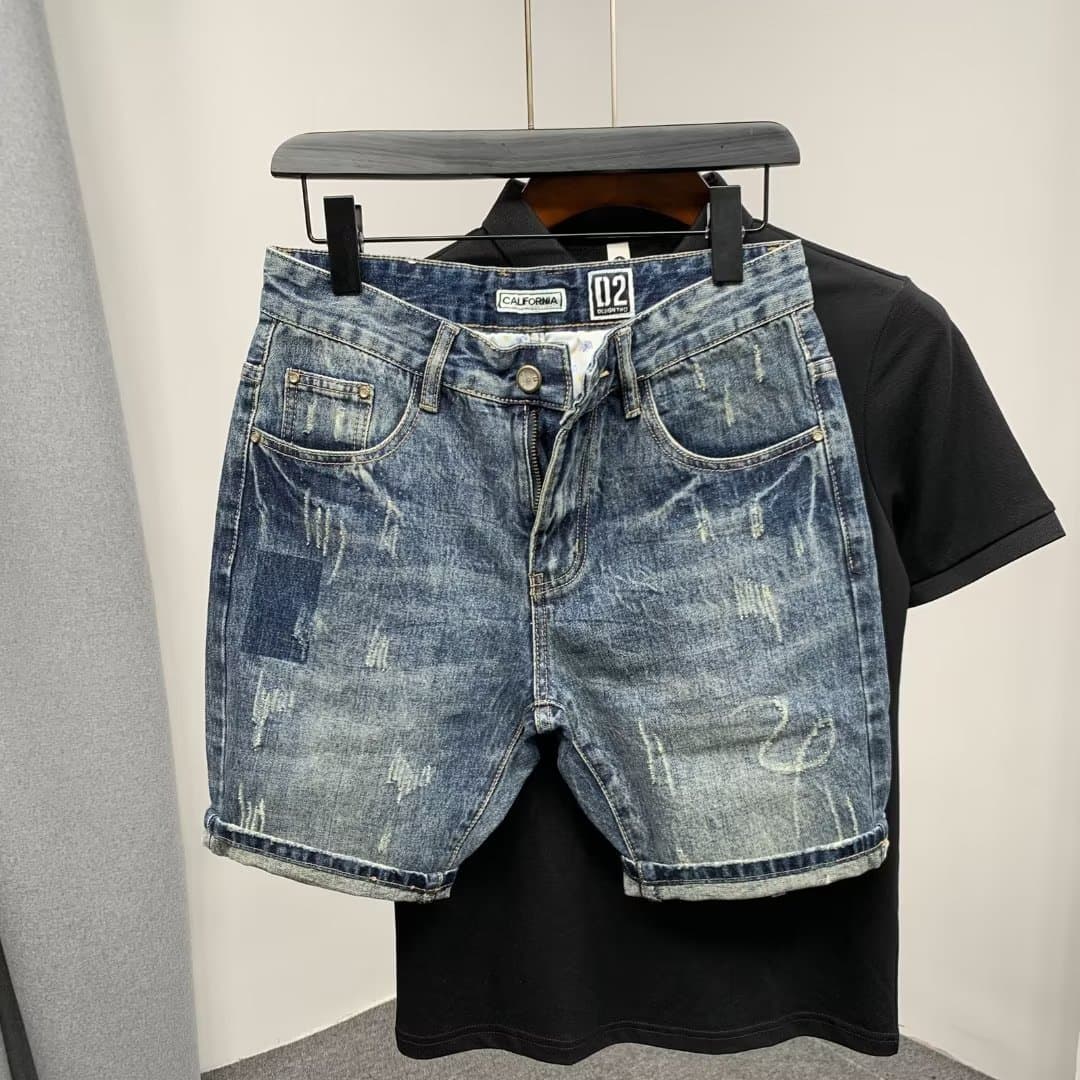 Man's clothing Men's summer denim medium pants trend simple cat beard shorts five points retro slim fit