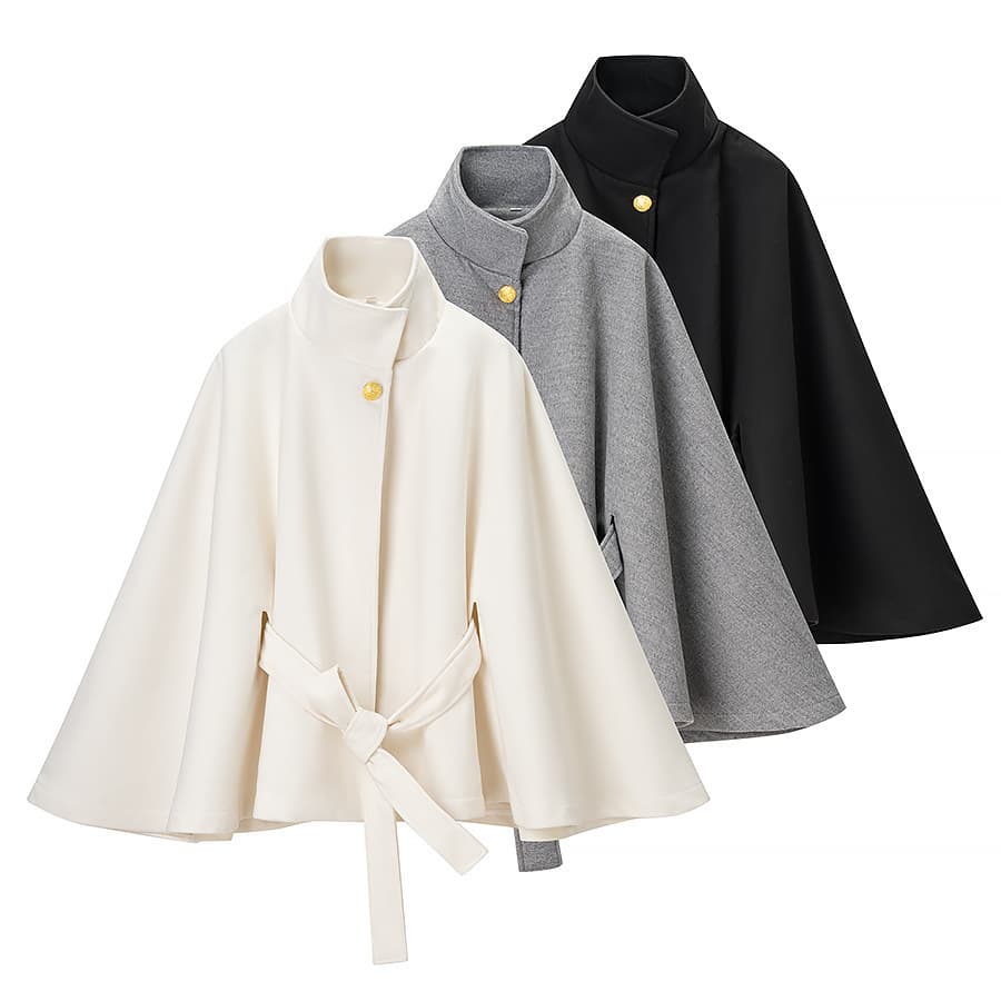 Women's Fashionable Elegant Woolen Jacket Coat With Metal Buckle Belt Cape Autumn Winter