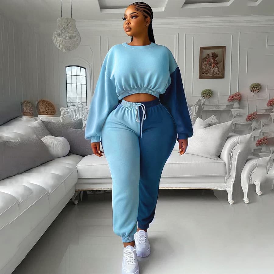Women's Clothing Velvet Casual Round Neck Long Sleeve Elastic Waist Drawstring Pants Contrast Color Sports Suit