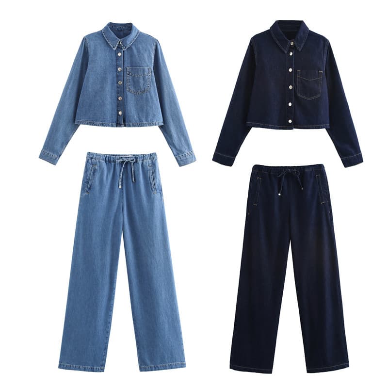 Women's Clothing Autumn Casual Fashion Denim Shirt Drawstring Straight Trousers Suit