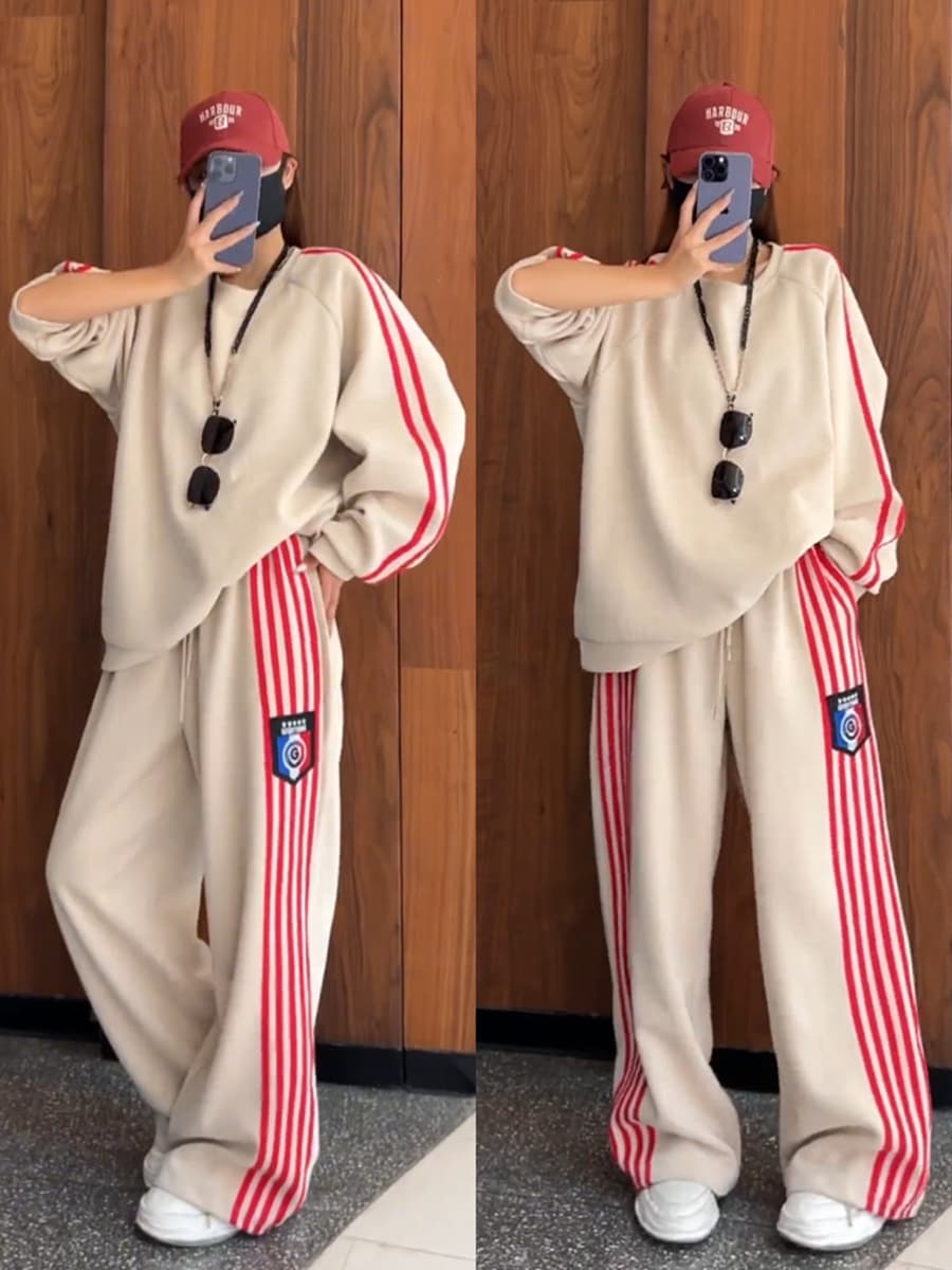 European Fashion Street Style Sportswear Set For Women, Loose Slimming Sweatshirt And Wide-Leg Pants, Casual Two-Piece Set For Spring And Autumn,