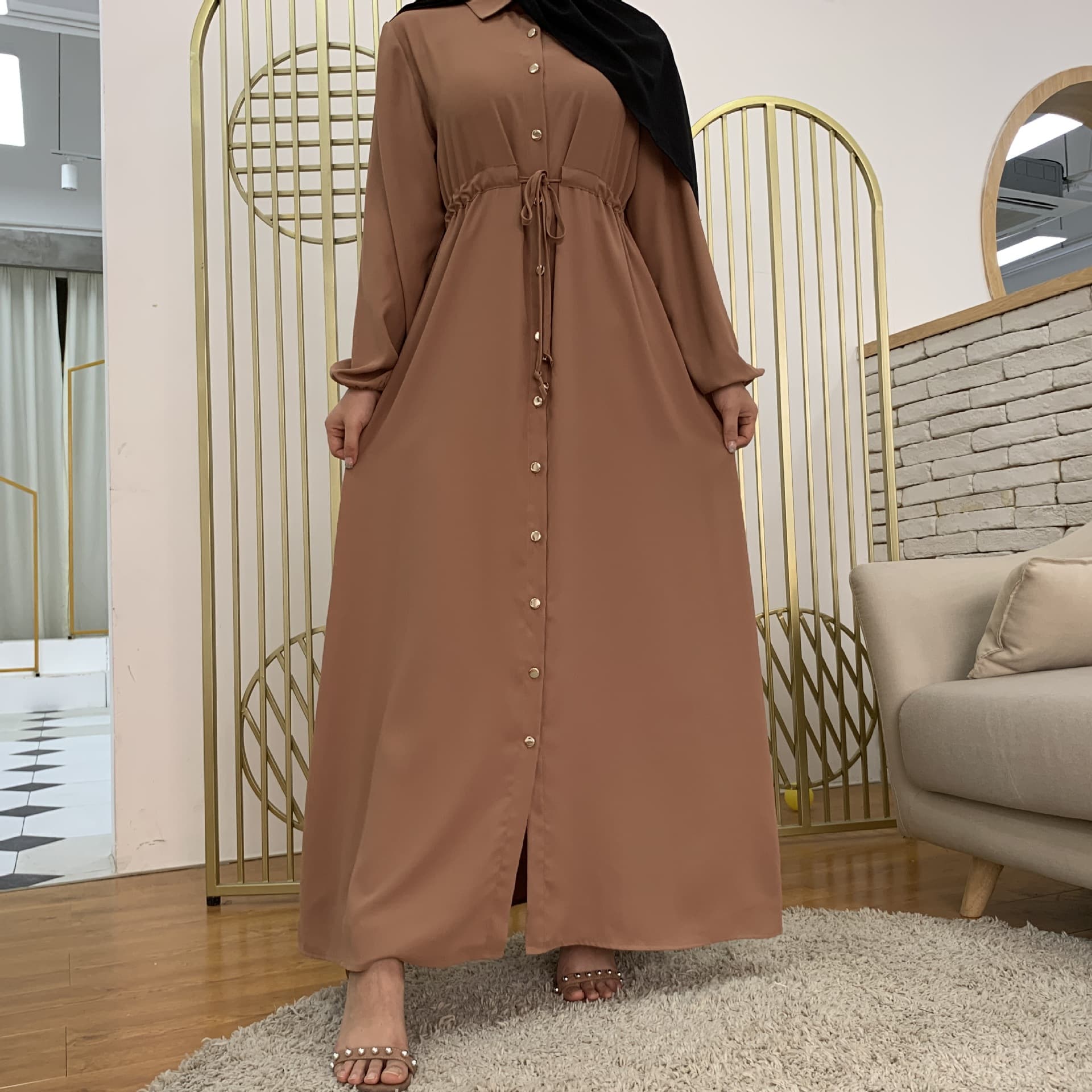 Women's Muslim lapel solid color full button slim dress long skirt