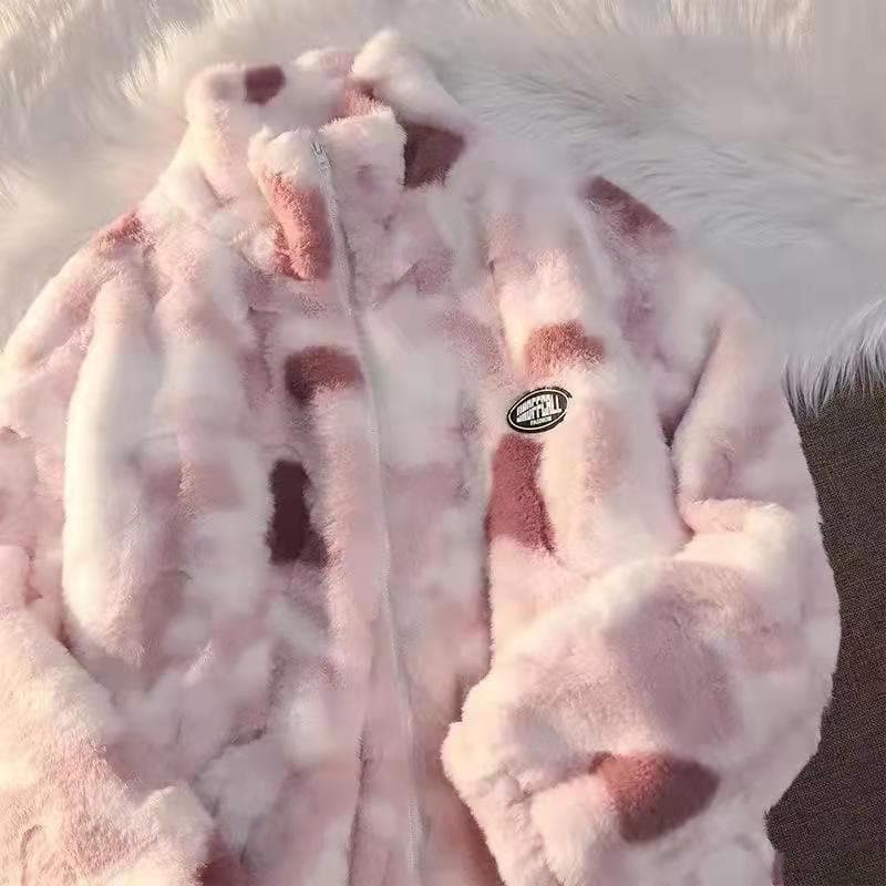 Women's Clothing Tie dyed lamb wool coat for women plush and thickened new style zipper high collar home leisure fleece sweater pajamas