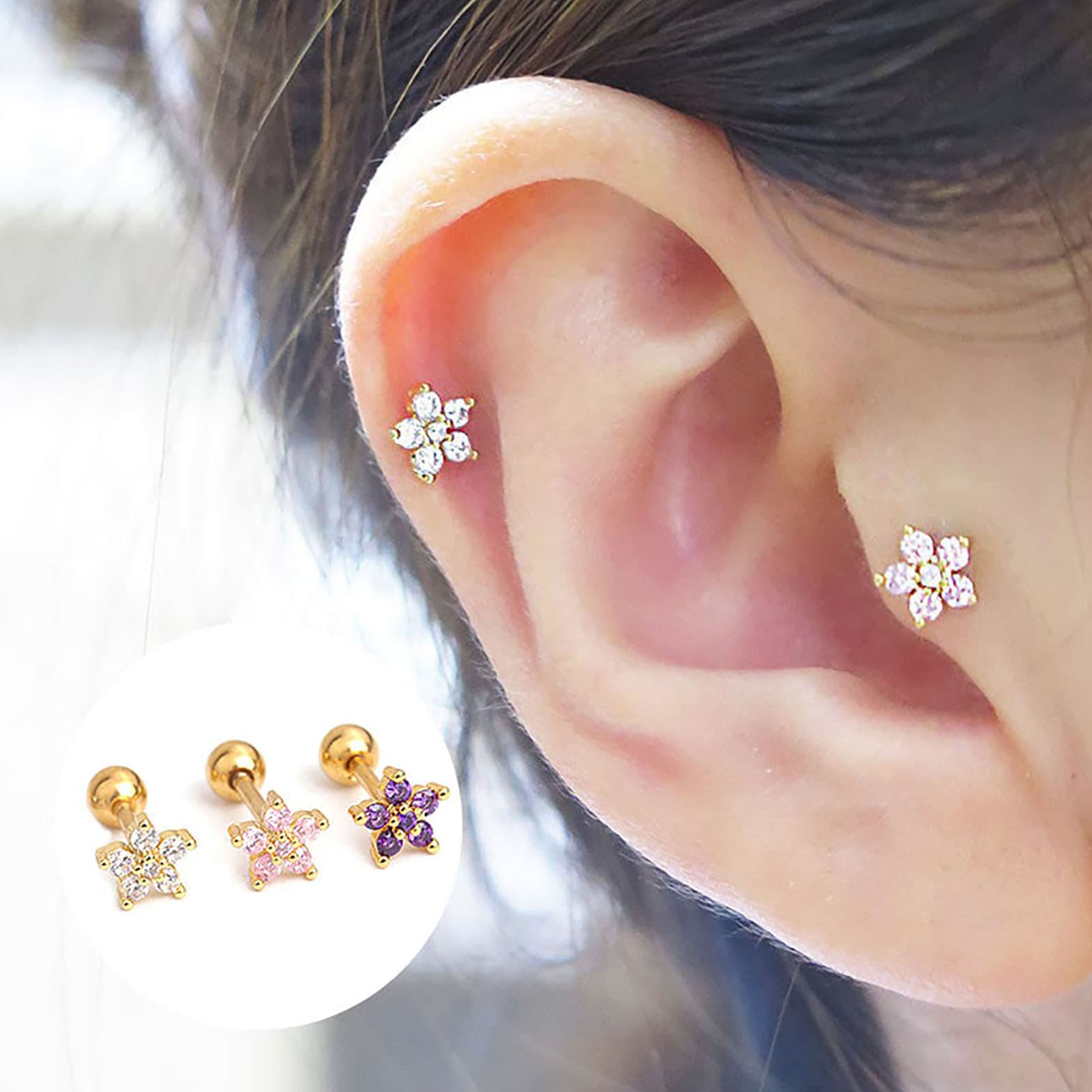 Yamaler 1Pc Beautiful Piercing Stainless Steel Stick Ear Bone Stud Cubic Zirconia Flower Small Stud Earring Jewelry Accessory