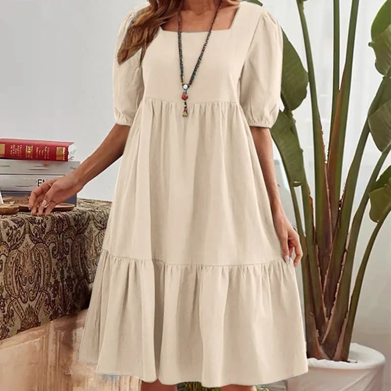 Women's Clothing One shoulder Ruffled Short sleeved Color Cotton and Linen Dress