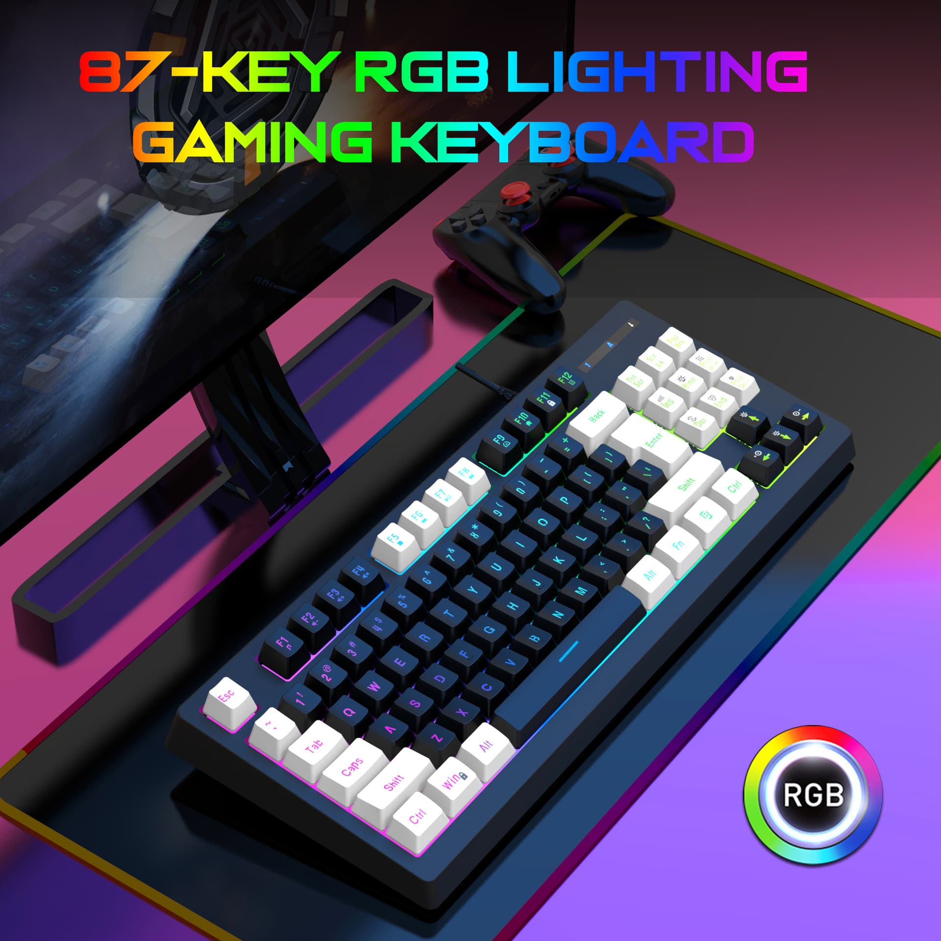 87-Key Wired Membrane RGB Backlit Mechanical Feel 25-Key Conflict-Free Gaming Keyboard Black And White