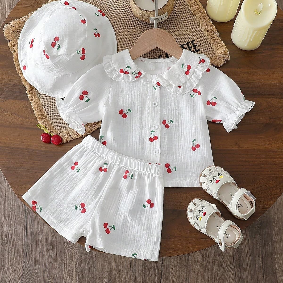 Baby Girl's Printed Collar Top + Shorts + Hat Set – Soft Polyester 3-Piece Outfit (6M-3Y)