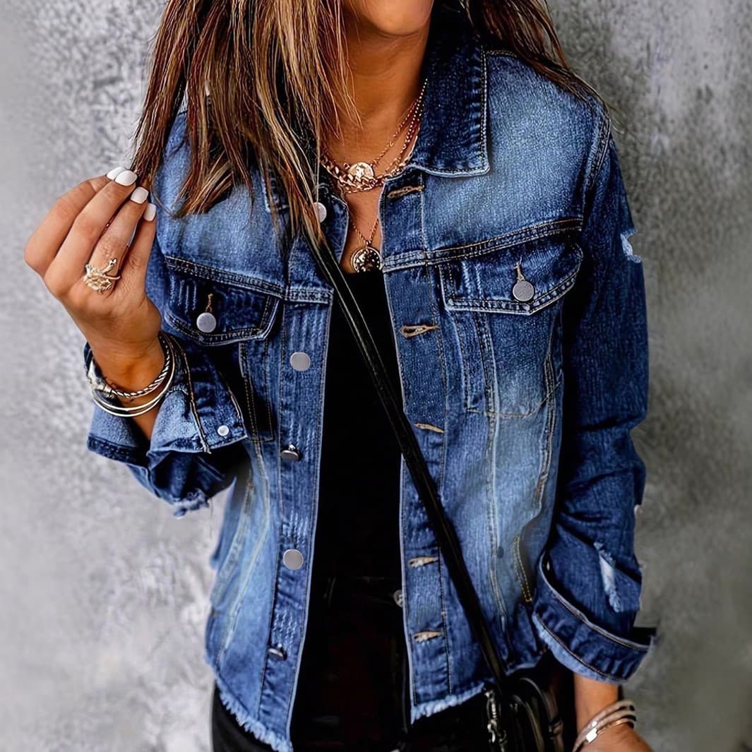 Women's Distressed Denim Jacket With Frayed Hem, Slim Fit Long Sleeve Vintage Coat, High Cotton Content (90%-95%) For Streetwear & Casual Style