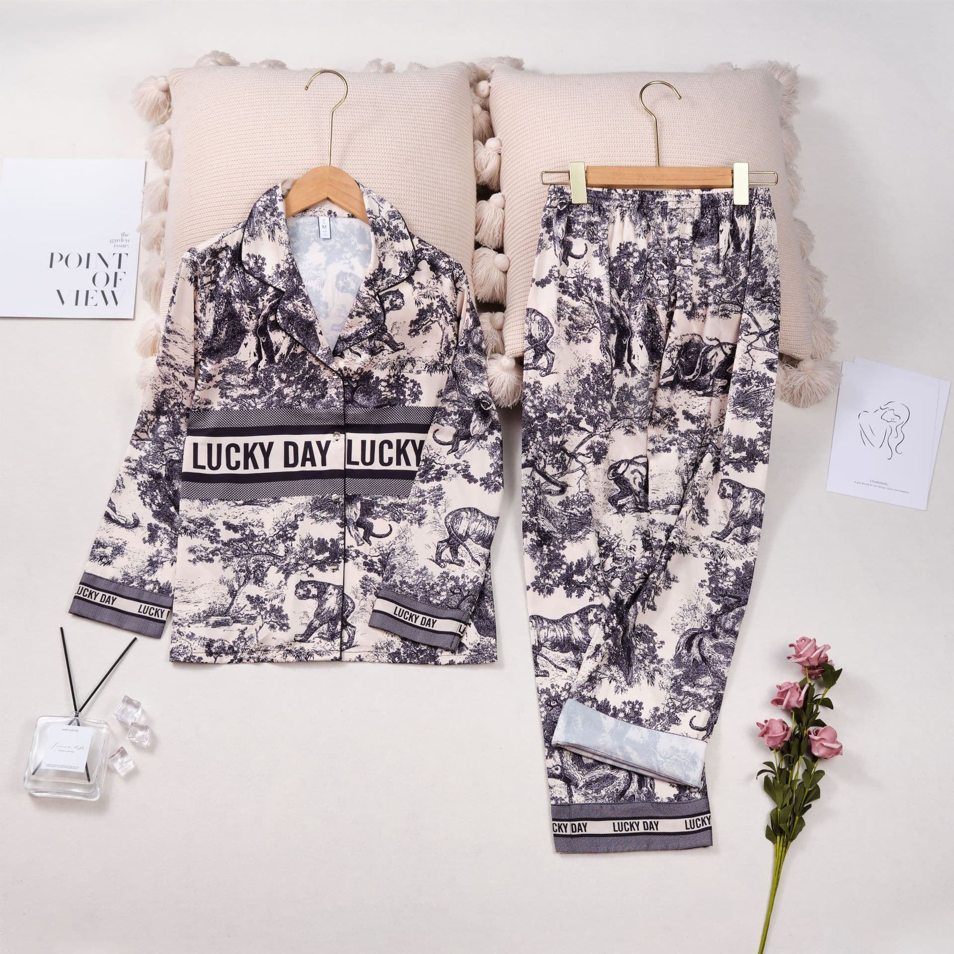 Women's Sleepwears High End Silk Pajamas Spring Light Luxury Printed Ink Painting Long Sleeves