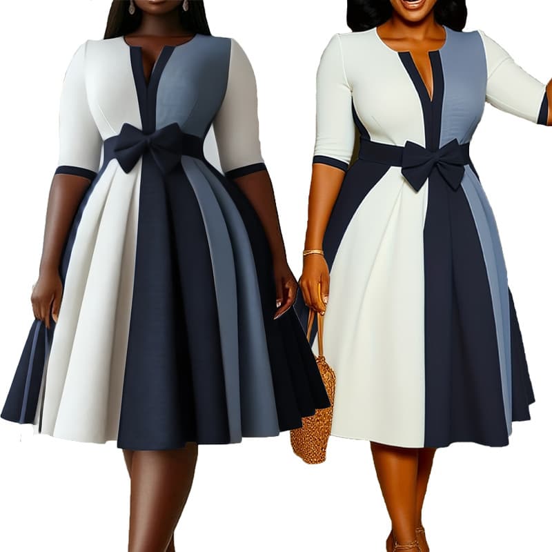Women's Clothing Retro Color Block V Neck Bow Textured High Quality Slim Waist A Line Pleated Dress