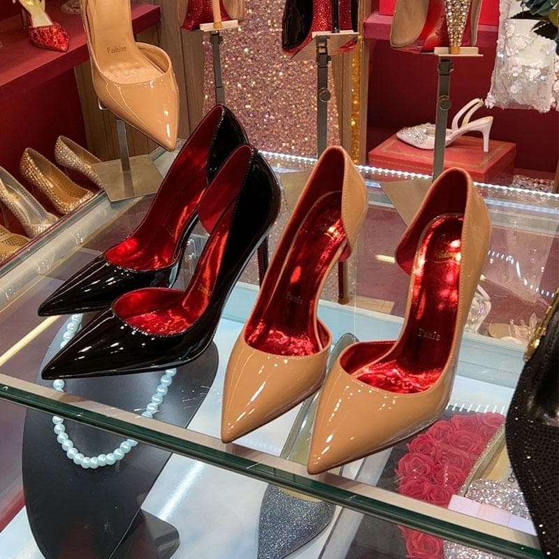 Red Sole High Heels Women 2025 New Patent Leather Color Side Hollow Pointed Toe Thin Heel Non-Slip Shallow Mouth Women's