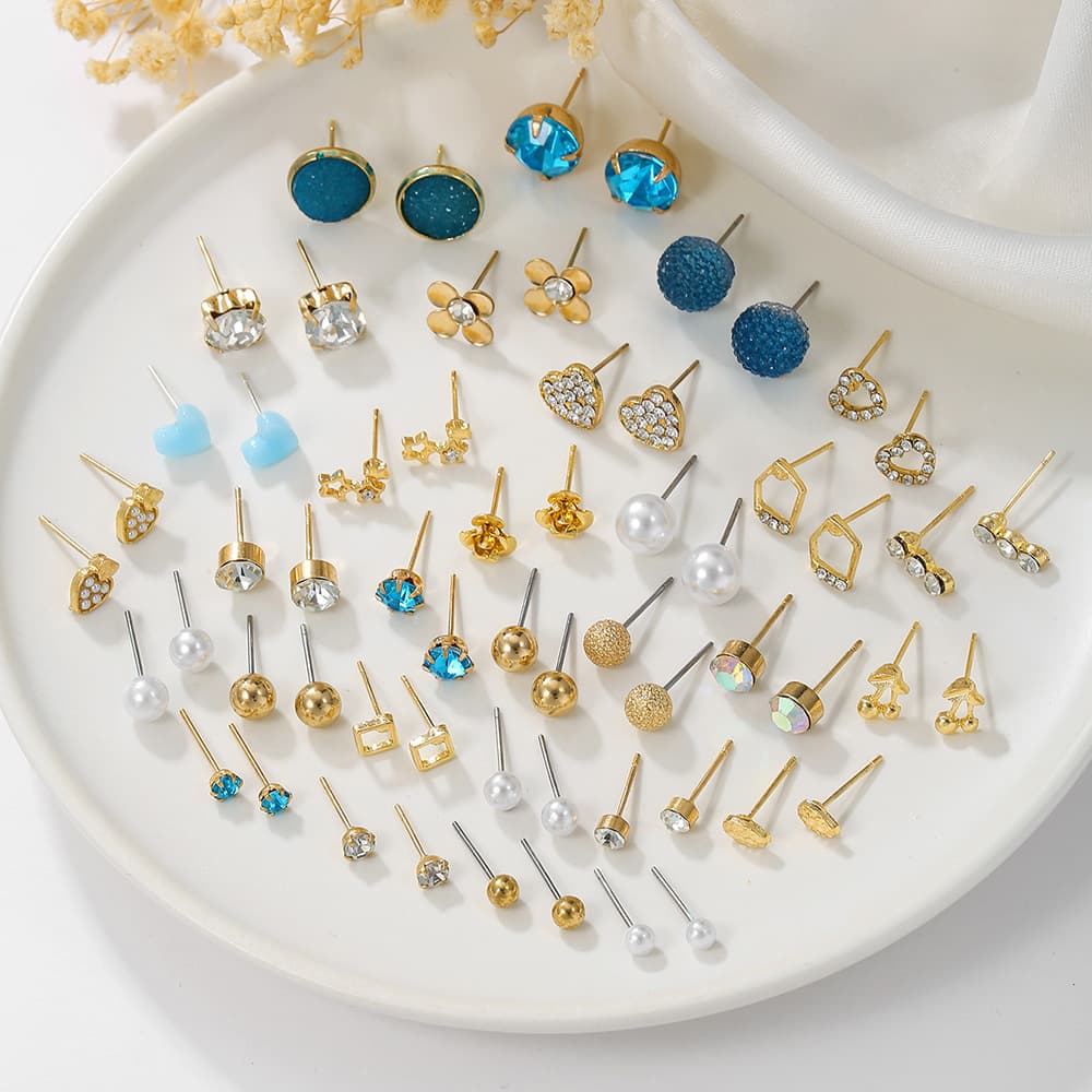 Earring Set Geometric Metal Pearl Diamond 30 Pairs Of Earrings Female Internet Celebrity Style Small Earrings Earrings