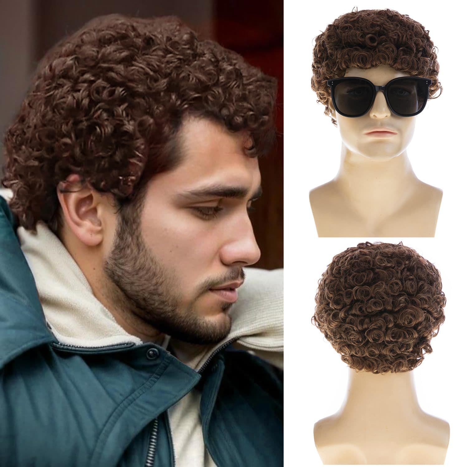 Men's Wigs Brown Small Curly Short Hair Wigs Wool Curls Men Wigs