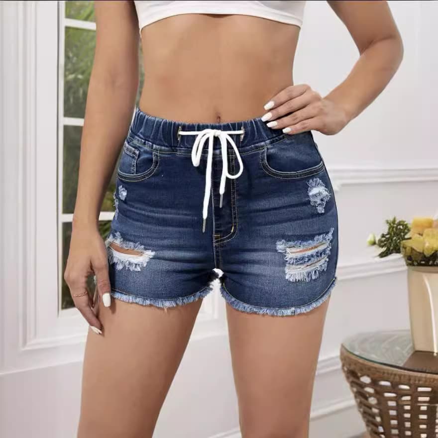 Women's Clothing Denim Shorts Elastic Waist Stretch Jeans Ripped Slim Fit Tassel Sexy Denim Hot Pants