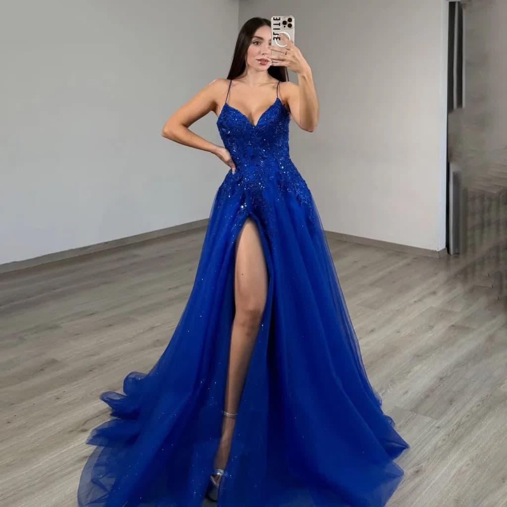 Elegant Blue Slimming Long Dress for Women Sexy Prom Evening Wear Regular Fit Spring/Summer Season