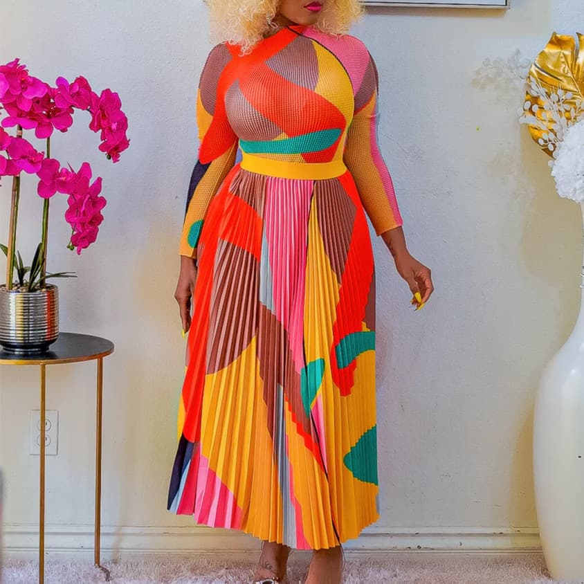 Women's Clothing Autumn Fold Print Contrast Color Suit Long sleeved Top Half Skirt Two piece Set