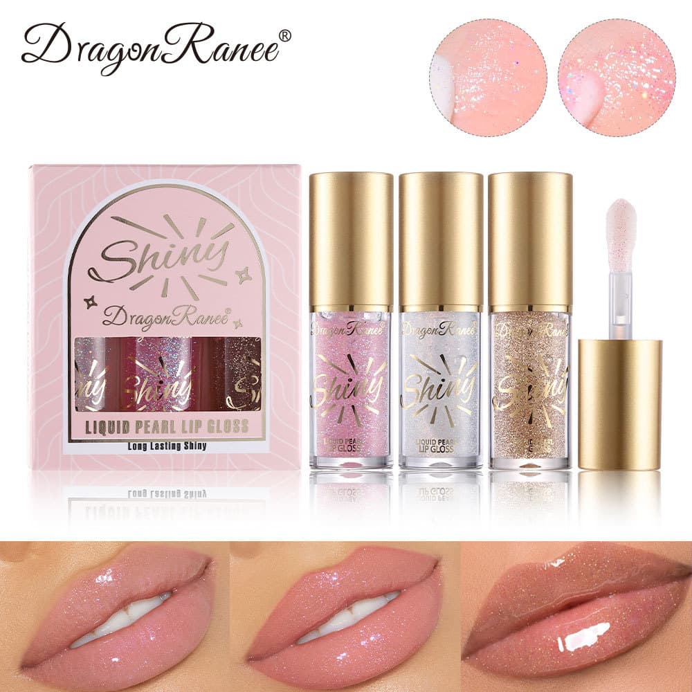 3-Piece Set Of Large-Brush Mirror Finish Lip Gloss - Shimmery Lip Oil & Lip Glaze With Pearlescent Sheen, Hydrating Formula, Fine Glitter Particles