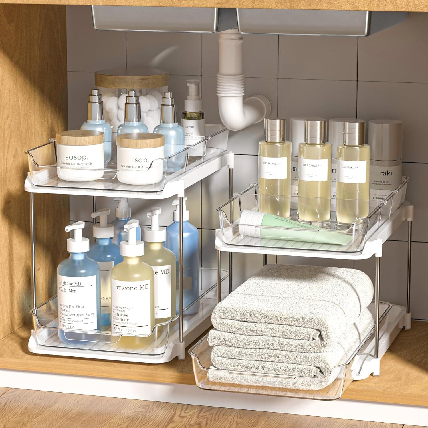 Under-Sink Pull-Out Drawers - 2 Stackable Organizers Acrylic+Aluminum Fits EU Cabinets