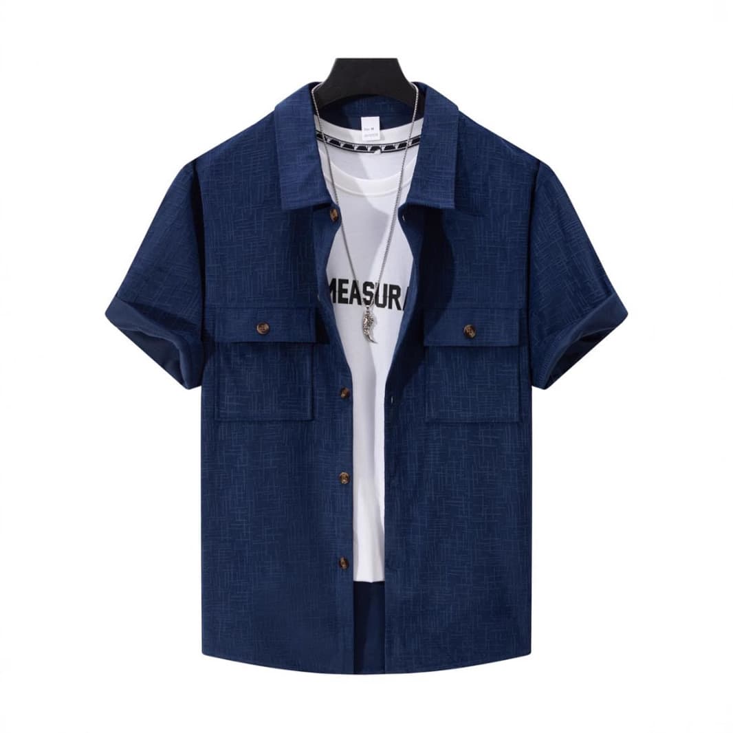 Men's Corduroy Print Short-Sleeve Shirt – Lightweight Summer Open-Front Shirt, Breathable Polyester, Multi-Pocket Relaxed Fit For Casual & Travel