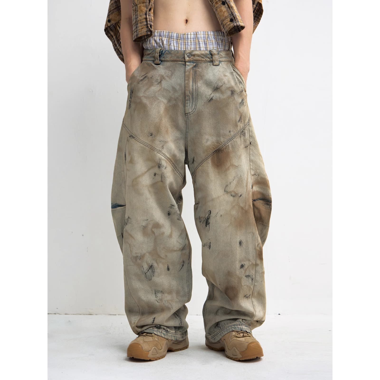 Men's Clothing Vintage Wash Distressed Denim Jeans - Unisex Baggy Wide Leg Cropped Pants With Unique Washed Effect (Brown, S-XXXL)
