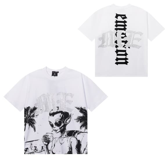 T-shirt unisexe à manches courtes, coupe ample, imprimé extraterrestre tendance style américain, orné de strass, idéal pour la rue.