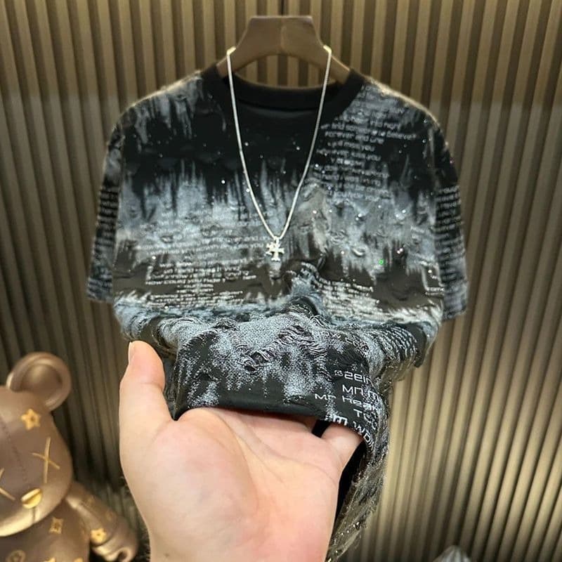 Men's Versatile Tie Dye Gradient Short Sleeve T-Shirt Trendy Light Luxury Lettering Ripped Crew Neck Casual Top Cotton Breathable