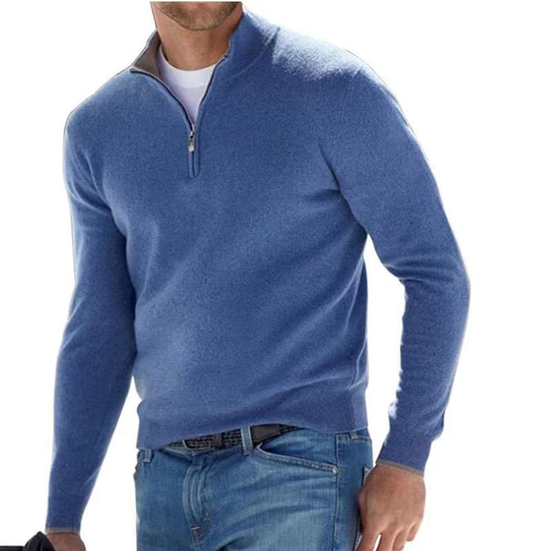 New Spring Season Long Sleeve V-neck Wool Velvet Zipper Men's Casual Top Polo