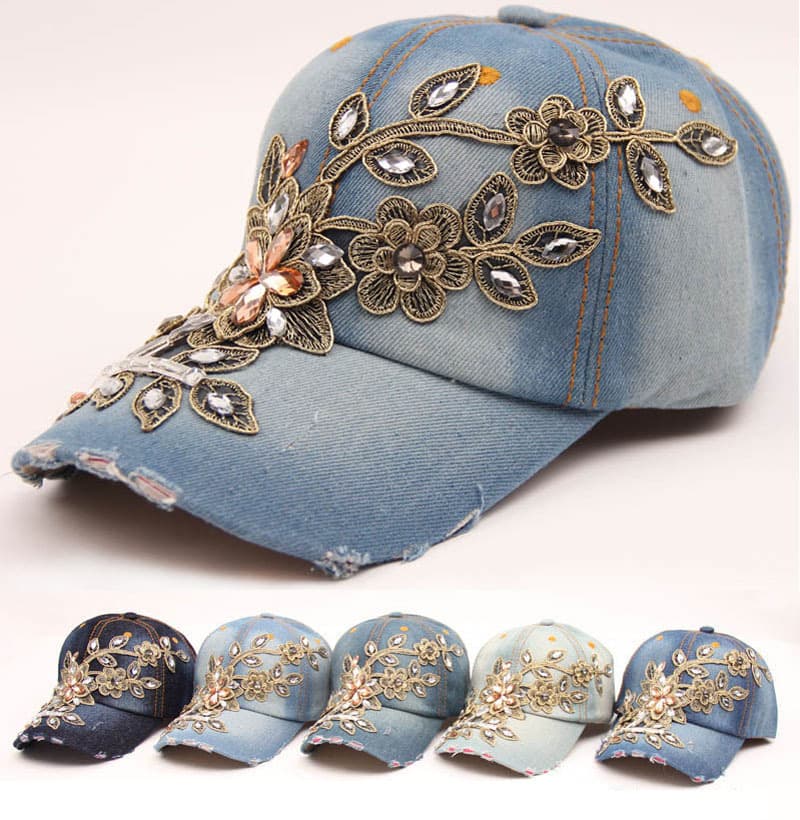 Handmade diamond inlaid gold filigree decorative design denim baseball trendy women summer sun shading casual hat