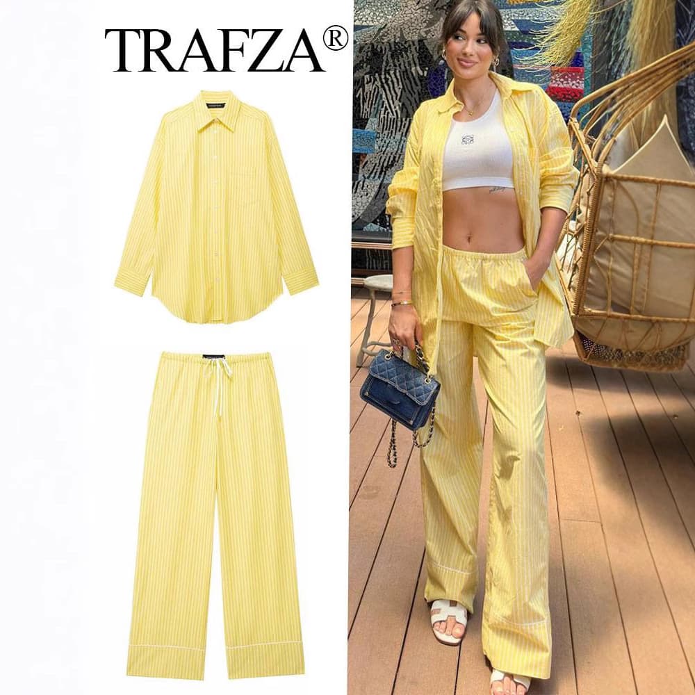 Women's Clothing Spring And Summer New Striped Loose Shirt Pajamas Style Trousers Suit