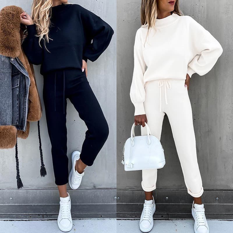 Women's high neck casual solid color pants pocket two-piece set