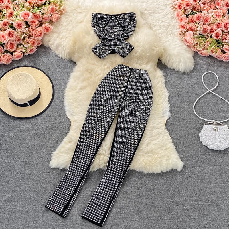 Women's Fashion Hot Drill Wipe Chest Top Two Sets Of High-waisted Elastic Small Feet Pants
